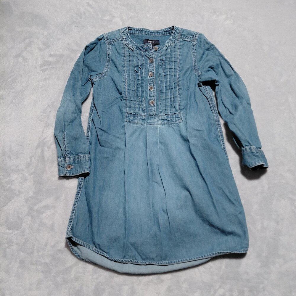 GapKids Chambray Denim Shirt Dress Front Button and Gathers Size S 6/7
